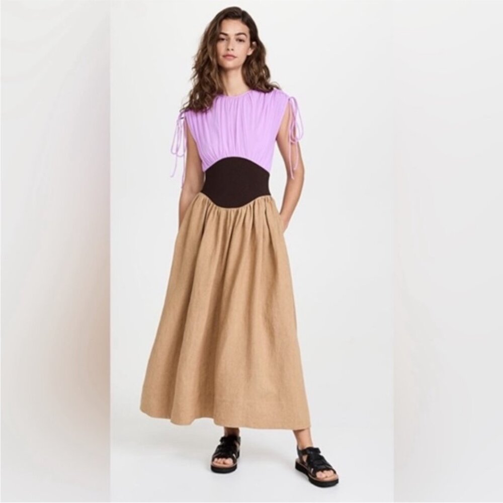 Tory Burch ! silk Chiffon Linen Burlap Dress in Lilac and Tan ( 2)